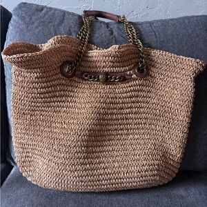 Kurt Geiger Large Tan Woven Chain-Handle Tote